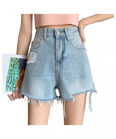 Jeans Shorts for Teen Girls Women High Waist Flower Frayed Raw Hem Pocket Straight Leg Slim Fit A Line Denim Shorts M-blue $1...