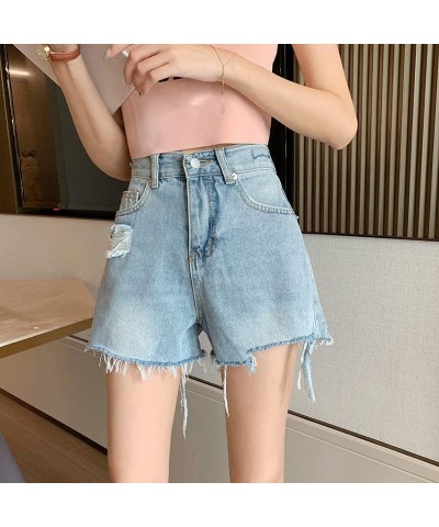 Jeans Shorts for Teen Girls Women High Waist Flower Frayed Raw Hem Pocket Straight Leg Slim Fit A Line Denim Shorts M-blue $1...