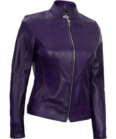 Brown Leather Jacket Women - Cafe Racer Leather Biker Style Casual Jackets For Womens Purple - Amy Leather Jacket Women $79.5...