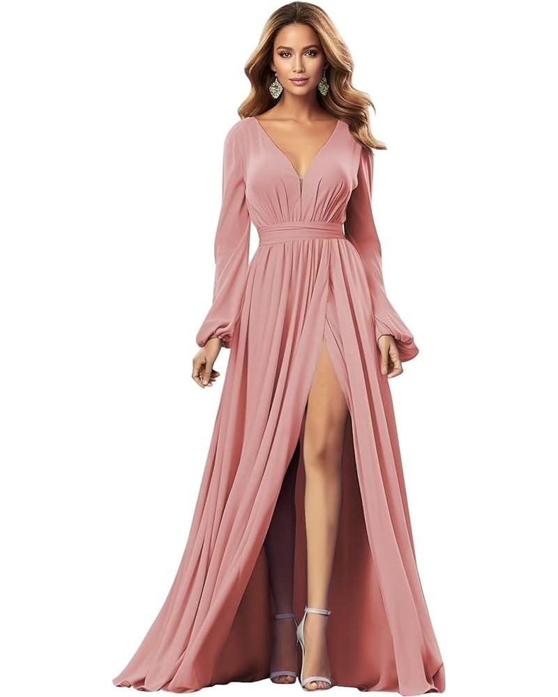 Chiffon Bridesmaid Dress for Wedding with Long Sleeve V Neck Formal Party Gown with Slit Dusty Rose $35.99 Dresses