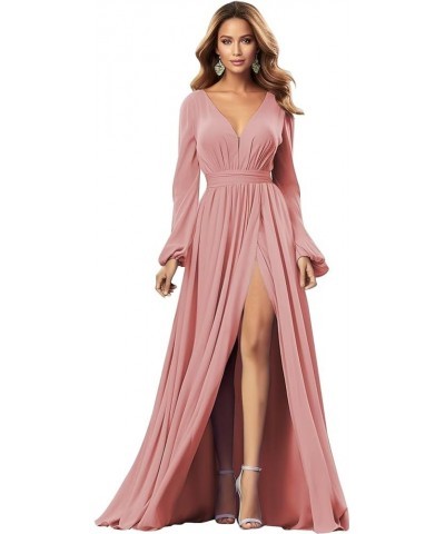 Chiffon Bridesmaid Dress for Wedding with Long Sleeve V Neck Formal Party Gown with Slit Dusty Rose $35.99 Dresses