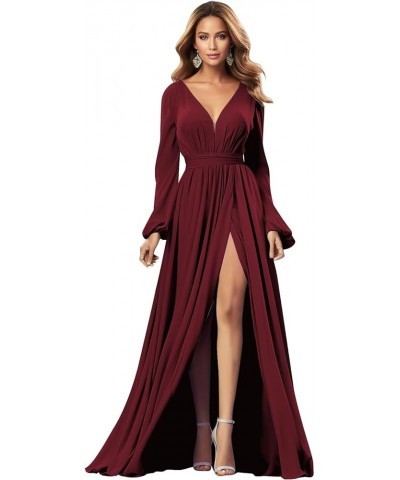 Chiffon Bridesmaid Dress for Wedding with Long Sleeve V Neck Formal Party Gown with Slit Dusty Rose $35.99 Dresses