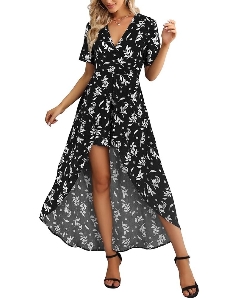 Womens Sleeveless Scoop Neck Floral Rayon Party Split Maxi Romper Dress 05-black/White $17.60 Dresses