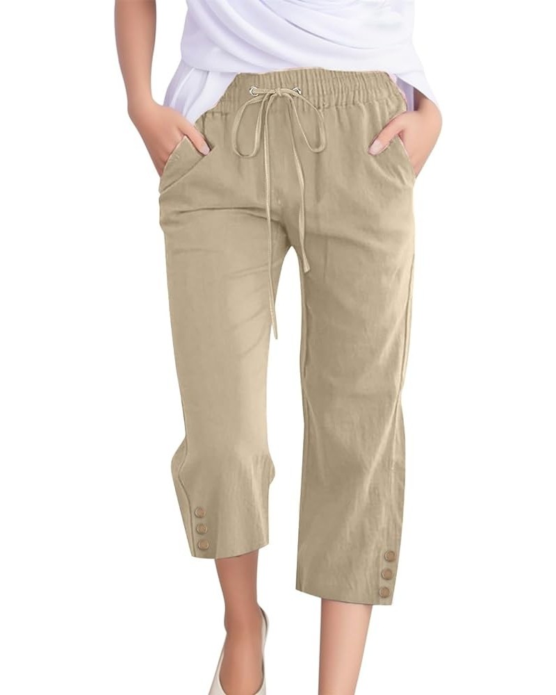 Capri Linen Pants for Women Wide Leg Casual Cotton Pant Loose Drawstrings High Waist Lounge Trousers with Pocket Khaki $6.80 ...