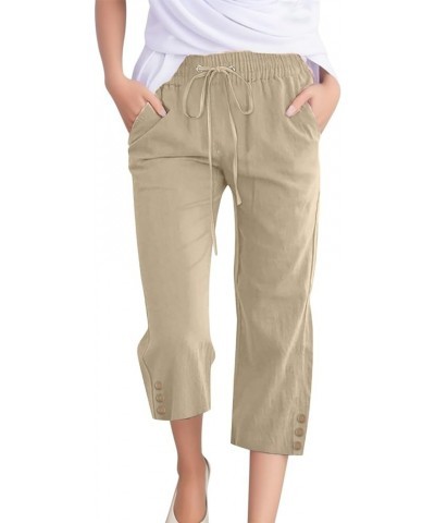 Capri Linen Pants for Women Wide Leg Casual Cotton Pant Loose Drawstrings High Waist Lounge Trousers with Pocket Khaki $6.80 ...