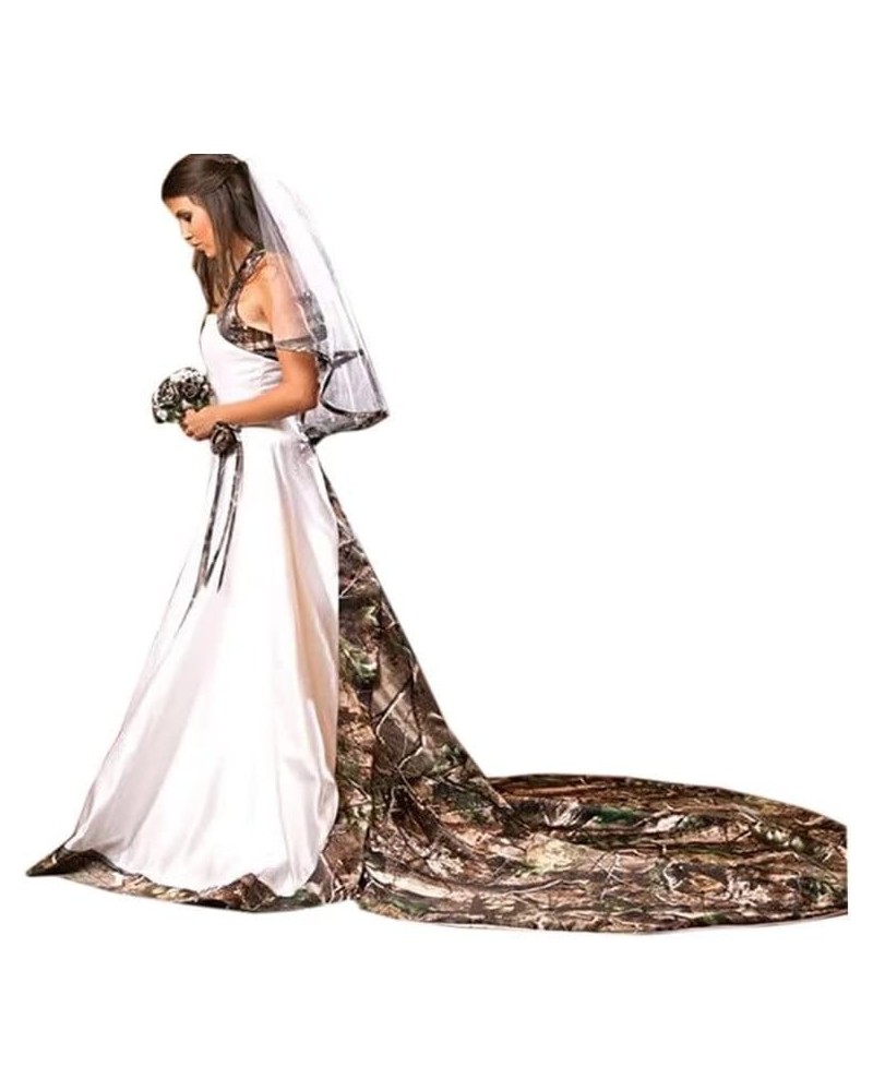 Long Camo Wedding Dress Satin Bridal Gown Halter Evening Dress with Train Ivory $46.20 Dresses