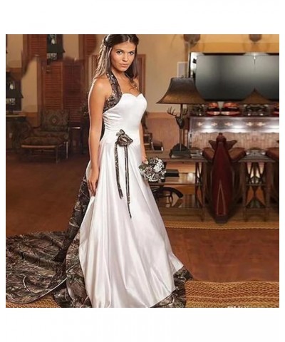 Long Camo Wedding Dress Satin Bridal Gown Halter Evening Dress with Train Ivory $46.20 Dresses