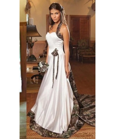 Long Camo Wedding Dress Satin Bridal Gown Halter Evening Dress with Train Ivory $46.20 Dresses