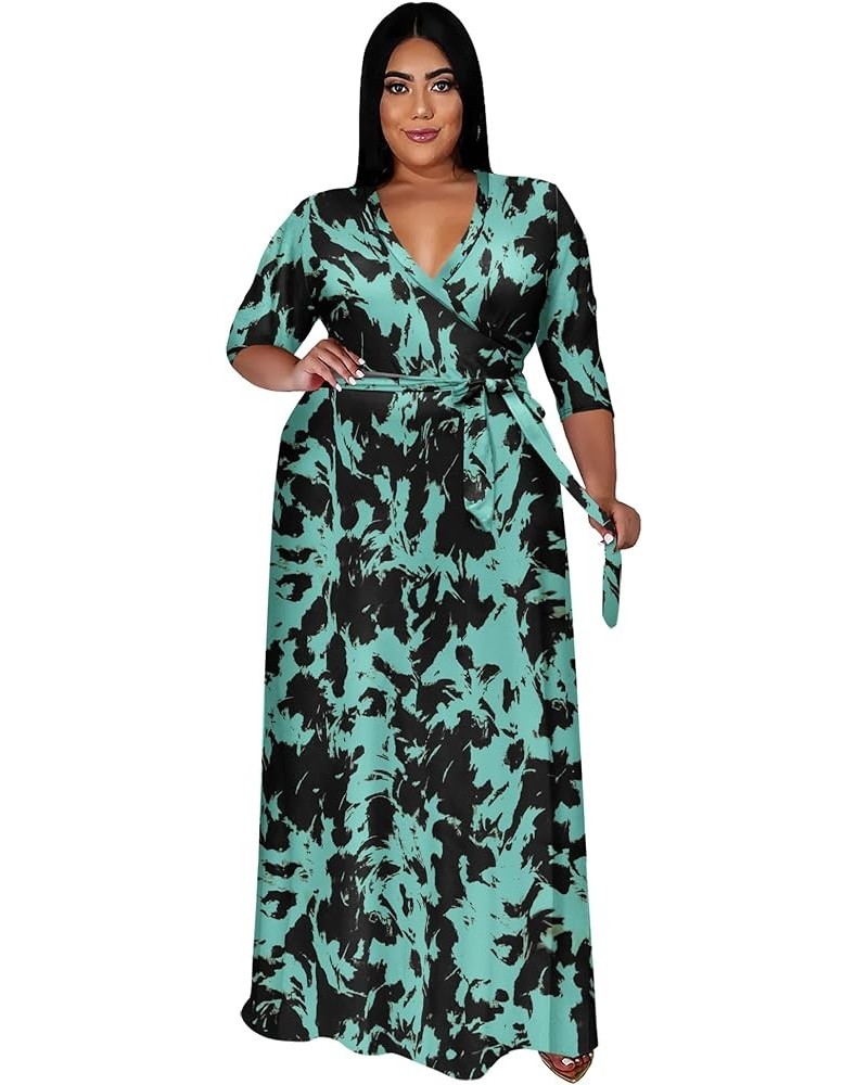 Plus Size Maxi Dress for Women - Summer Dresses Casual 3/4 Sleeve Floral Flowy Long Dress with Belt Pockets XL- 6XL Tiedye-bl...