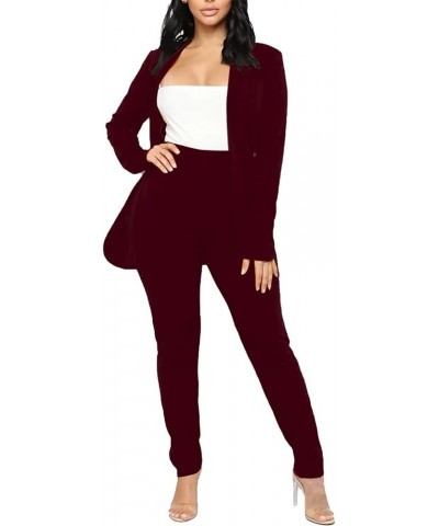 Women's 2 Piece Business Outfit Casual Solid Slim Fit Open Front Blazer Jacket and Pencil Pants Suits Office Work Set Wine $1...