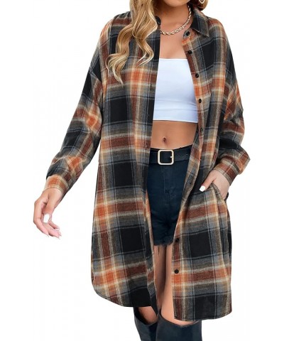 Women's Button Down Flannel Shirts Plaid Shacket Long Sleeve Collared Long Jacket Coats Sandy Brown and Black Plaid $10.75 Bl...