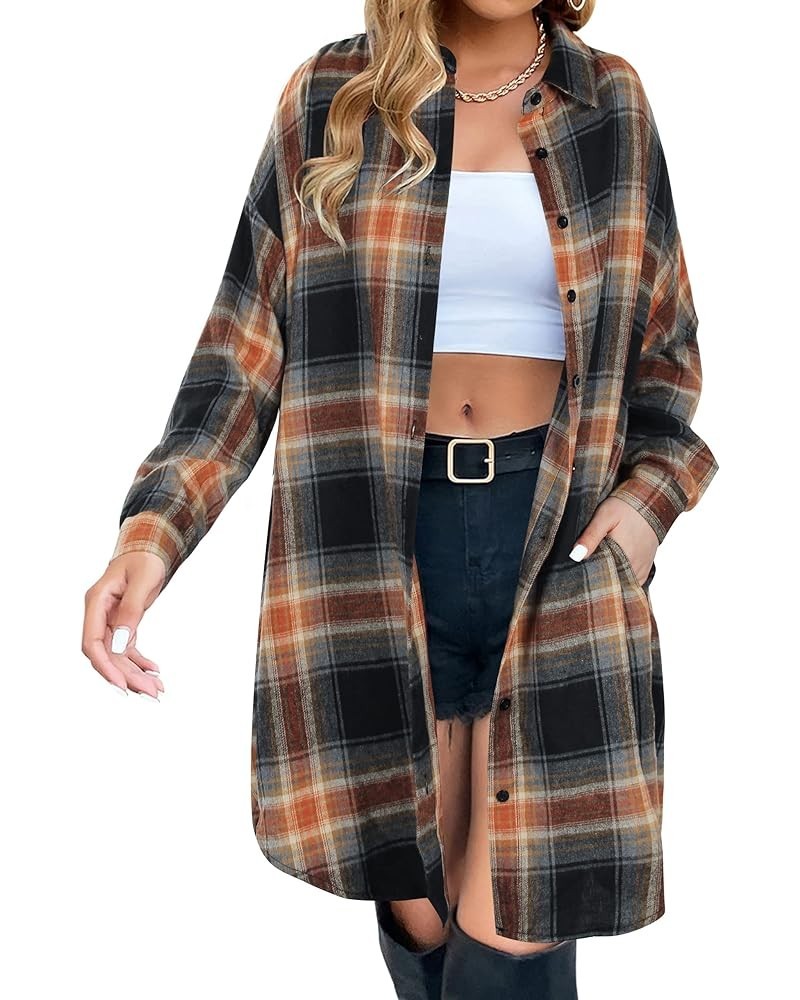 Women's Button Down Flannel Shirts Plaid Shacket Long Sleeve Collared Long Jacket Coats Sandy Brown and Black Plaid $10.75 Bl...