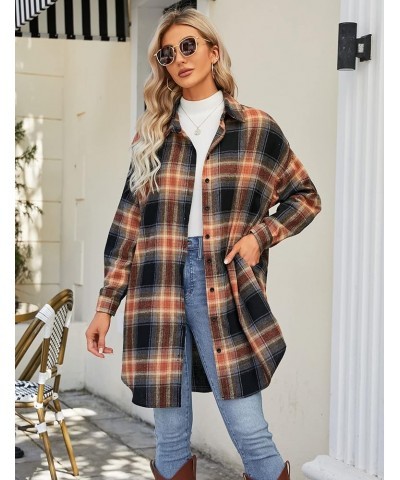 Women's Button Down Flannel Shirts Plaid Shacket Long Sleeve Collared Long Jacket Coats Sandy Brown and Black Plaid $10.75 Bl...