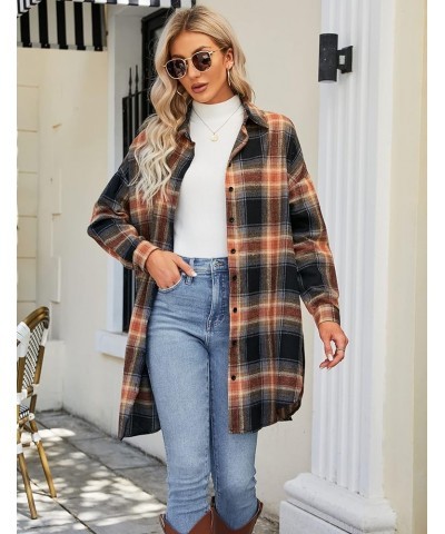 Women's Button Down Flannel Shirts Plaid Shacket Long Sleeve Collared Long Jacket Coats Sandy Brown and Black Plaid $10.75 Bl...