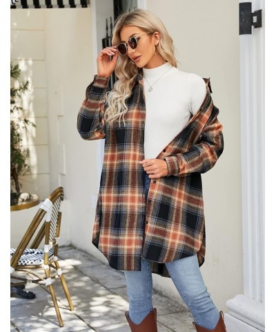 Women's Button Down Flannel Shirts Plaid Shacket Long Sleeve Collared Long Jacket Coats Sandy Brown and Black Plaid $10.75 Bl...