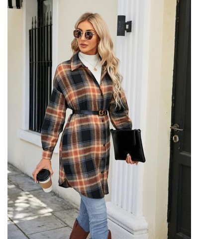 Women's Button Down Flannel Shirts Plaid Shacket Long Sleeve Collared Long Jacket Coats Sandy Brown and Black Plaid $10.75 Bl...