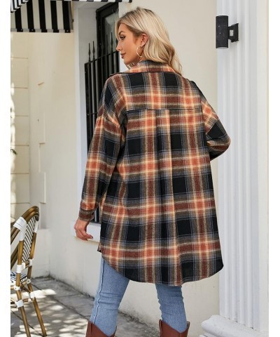 Women's Button Down Flannel Shirts Plaid Shacket Long Sleeve Collared Long Jacket Coats Sandy Brown and Black Plaid $10.75 Bl...