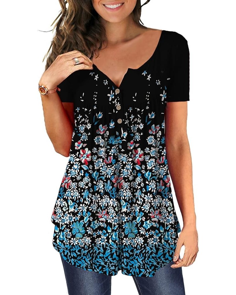 Women's Floral Tunic Tops Casual Blouse V Neck Short Sleeve Buttons Up T-Shirts Black+small Floral $9.95 Tops