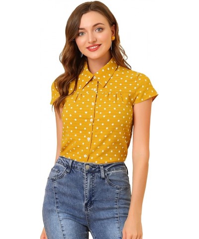 Women's Short Sleeve Tops Vintage Polka Dots Button Up Shirt Yellow $17.99 Blouses