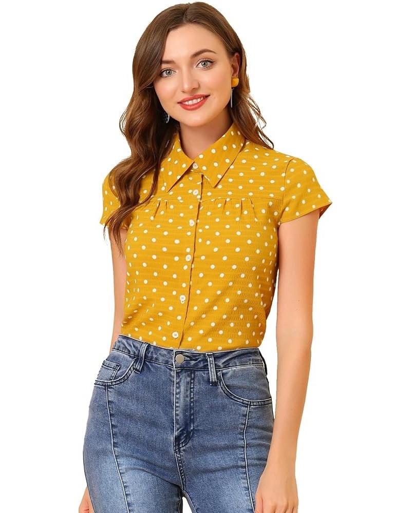 Women's Short Sleeve Tops Vintage Polka Dots Button Up Shirt Yellow $17.99 Blouses