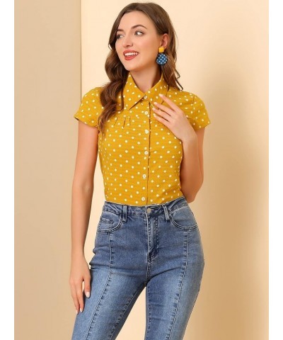 Women's Short Sleeve Tops Vintage Polka Dots Button Up Shirt Yellow $17.99 Blouses