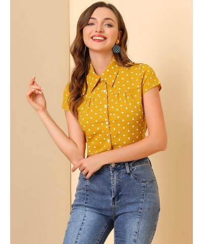 Women's Short Sleeve Tops Vintage Polka Dots Button Up Shirt Yellow $17.99 Blouses