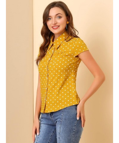 Women's Short Sleeve Tops Vintage Polka Dots Button Up Shirt Yellow $17.99 Blouses