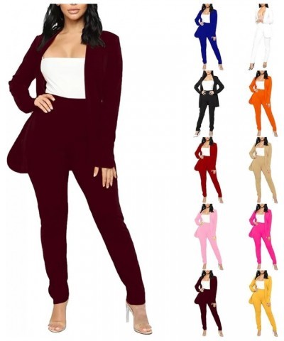 Women's 2 Piece Business Outfit Casual Solid Slim Fit Open Front Blazer Jacket and Pencil Pants Suits Office Work Set Wine $1...