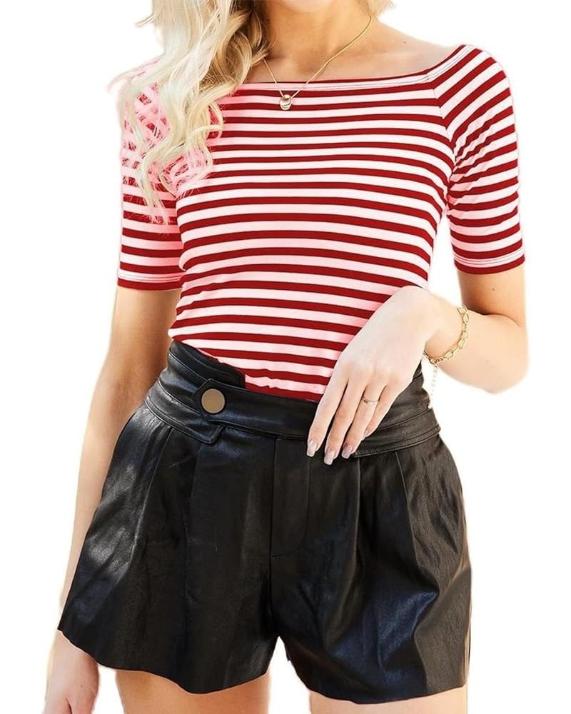 Women's Off The Shoulder Tops Elbow Sleeve Boatneck T-Shirt Slim Stretchy Shirts Elbow Sleeve Red Stripe $13.19 T-Shirts