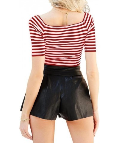 Women's Off The Shoulder Tops Elbow Sleeve Boatneck T-Shirt Slim Stretchy Shirts Elbow Sleeve Red Stripe $13.19 T-Shirts