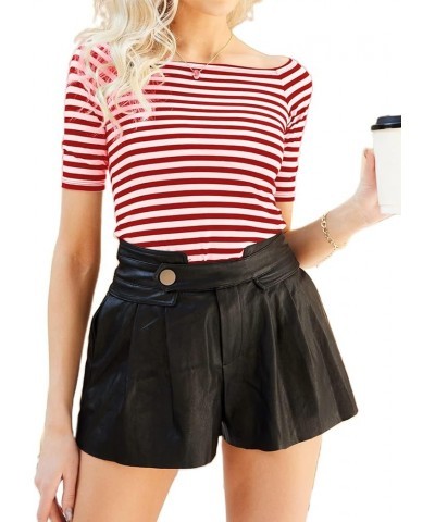 Women's Off The Shoulder Tops Elbow Sleeve Boatneck T-Shirt Slim Stretchy Shirts Elbow Sleeve Red Stripe $13.19 T-Shirts