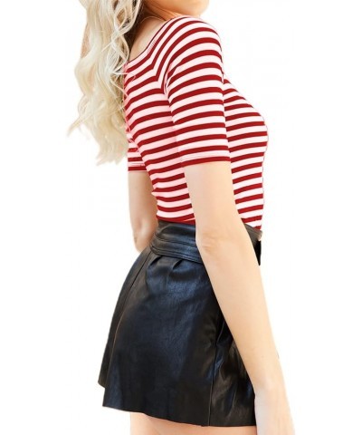 Women's Off The Shoulder Tops Elbow Sleeve Boatneck T-Shirt Slim Stretchy Shirts Elbow Sleeve Red Stripe $13.19 T-Shirts