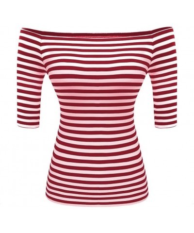 Women's Off The Shoulder Tops Elbow Sleeve Boatneck T-Shirt Slim Stretchy Shirts Elbow Sleeve Red Stripe $13.19 T-Shirts