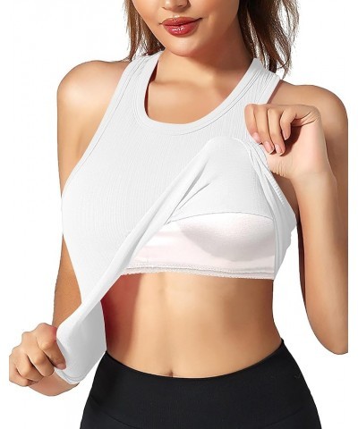 Women Workout Tank Tops with Built in Bras - Ribbed Crop Racerback Athletic Shirts High Neck Sports Yoga Activewear White $14...