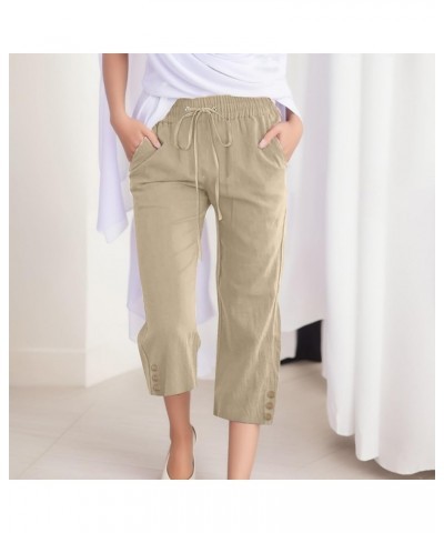 Capri Linen Pants for Women Wide Leg Casual Cotton Pant Loose Drawstrings High Waist Lounge Trousers with Pocket Khaki $6.80 ...