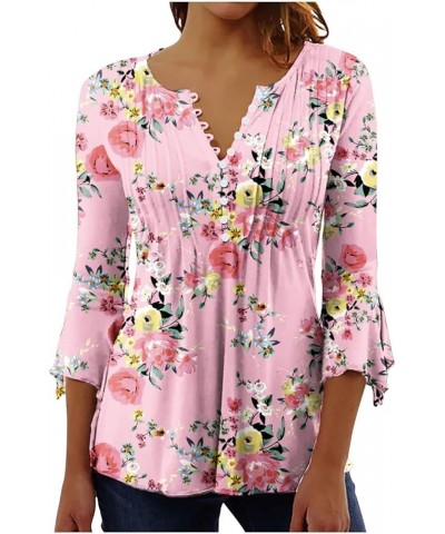 Ladies Floral Printing 3/4 Sleeve Blouses V-Neck Short Sleeve Button Down T-Shirt Summer Casual Tunic Tops 1-pink $7.13 Blouses