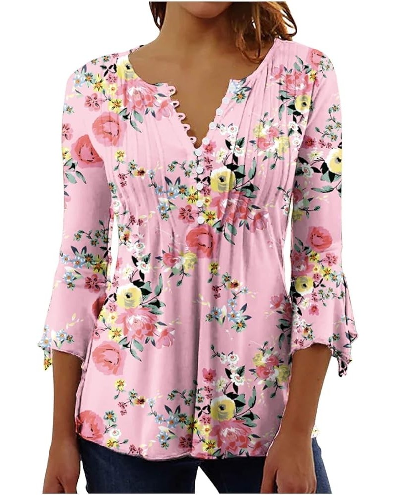 Ladies Floral Printing 3/4 Sleeve Blouses V-Neck Short Sleeve Button Down T-Shirt Summer Casual Tunic Tops 1-pink $7.13 Blouses