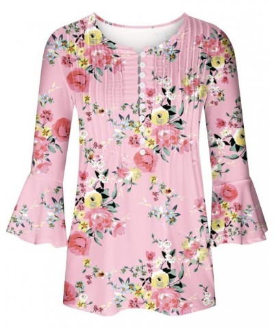 Ladies Floral Printing 3/4 Sleeve Blouses V-Neck Short Sleeve Button Down T-Shirt Summer Casual Tunic Tops 1-pink $7.13 Blouses