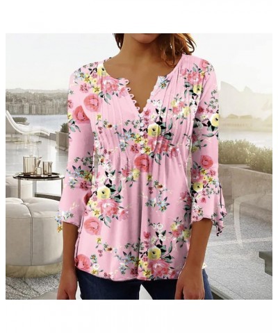 Ladies Floral Printing 3/4 Sleeve Blouses V-Neck Short Sleeve Button Down T-Shirt Summer Casual Tunic Tops 1-pink $7.13 Blouses