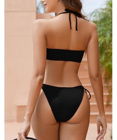 Women Bandeau Bikini Sets Ribbed Strapless Two Piece Swimsuit Tie Side Cheeky Bathing Suits Black $15.11 Swimsuits