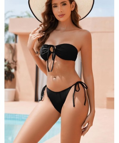 Women Bandeau Bikini Sets Ribbed Strapless Two Piece Swimsuit Tie Side Cheeky Bathing Suits Black $15.11 Swimsuits