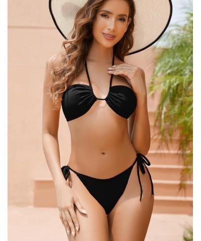 Women Bandeau Bikini Sets Ribbed Strapless Two Piece Swimsuit Tie Side Cheeky Bathing Suits Black $15.11 Swimsuits