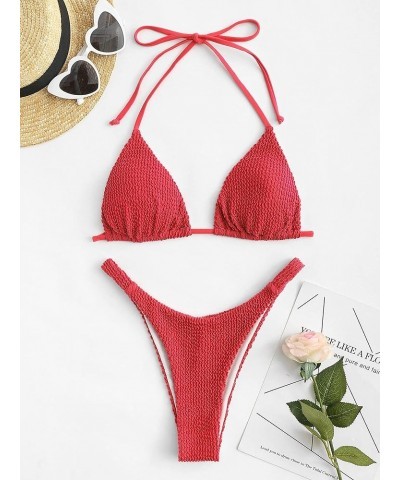 Women's Dot Print High Cut Cross Triangle Bikini Set Two Piece Swimwear A-red $14.70 Swimsuits