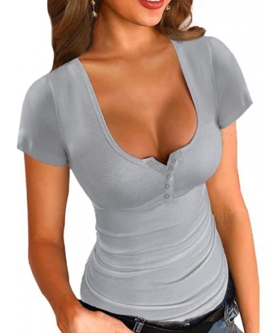 Women's Long Sleeve Henley Tshirts Button Down Slim Fit Casual Basic Tops Blouse Scoop Neck Ribbed Knit Shirts A9-grey $3.75 ...