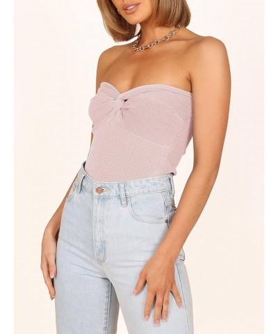 Women's Strapless Tube Tops Sexy Ribbed Knit Twist Knot Front Bandeau Sleeveless Y2K Corset Crop Tank Top Pink $11.99 Tanks