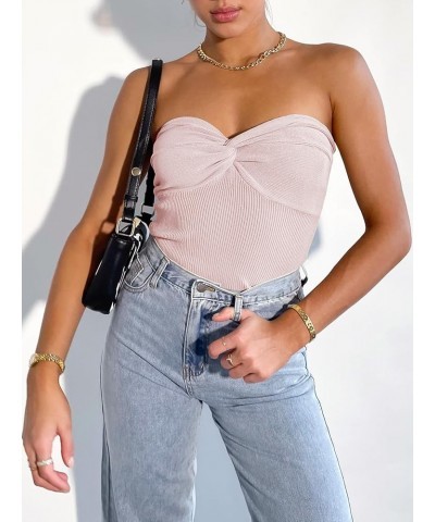 Women's Strapless Tube Tops Sexy Ribbed Knit Twist Knot Front Bandeau Sleeveless Y2K Corset Crop Tank Top Pink $11.99 Tanks