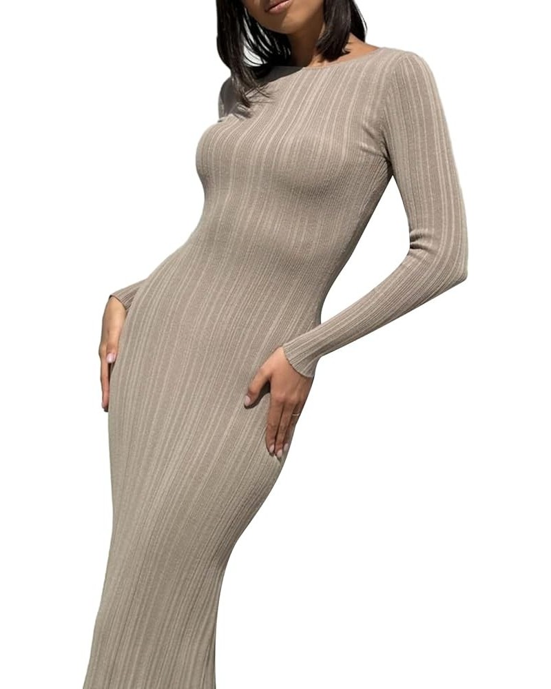 Women Ribbed Knit Long Sleeve Maxi Dress Slim Fit Solid Color Bodycon Pencil Long Dress Casual Fall Winter Clothes F Dark Apr...