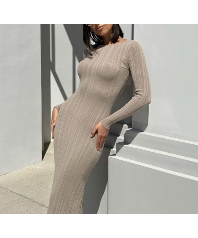 Women Ribbed Knit Long Sleeve Maxi Dress Slim Fit Solid Color Bodycon Pencil Long Dress Casual Fall Winter Clothes F Dark Apr...