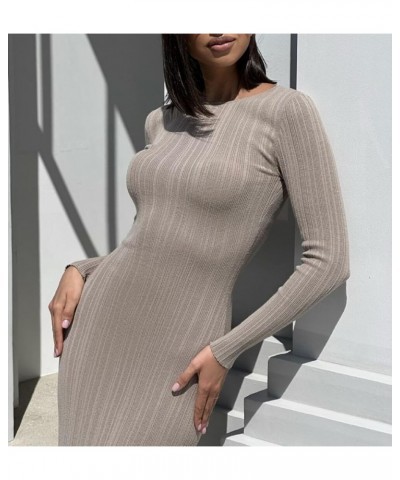 Women Ribbed Knit Long Sleeve Maxi Dress Slim Fit Solid Color Bodycon Pencil Long Dress Casual Fall Winter Clothes F Dark Apr...