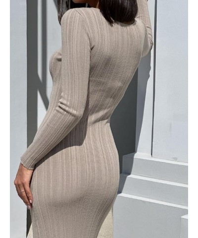 Women Ribbed Knit Long Sleeve Maxi Dress Slim Fit Solid Color Bodycon Pencil Long Dress Casual Fall Winter Clothes F Dark Apr...